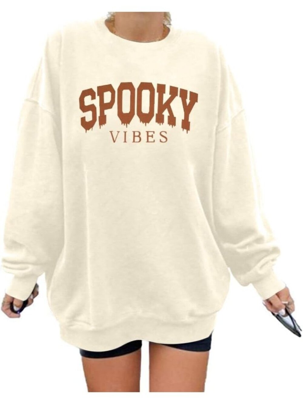 🆕 Women's Cream Spooky Vibes Brown Graphic Oversized Crewneck Pullover Sweatshi